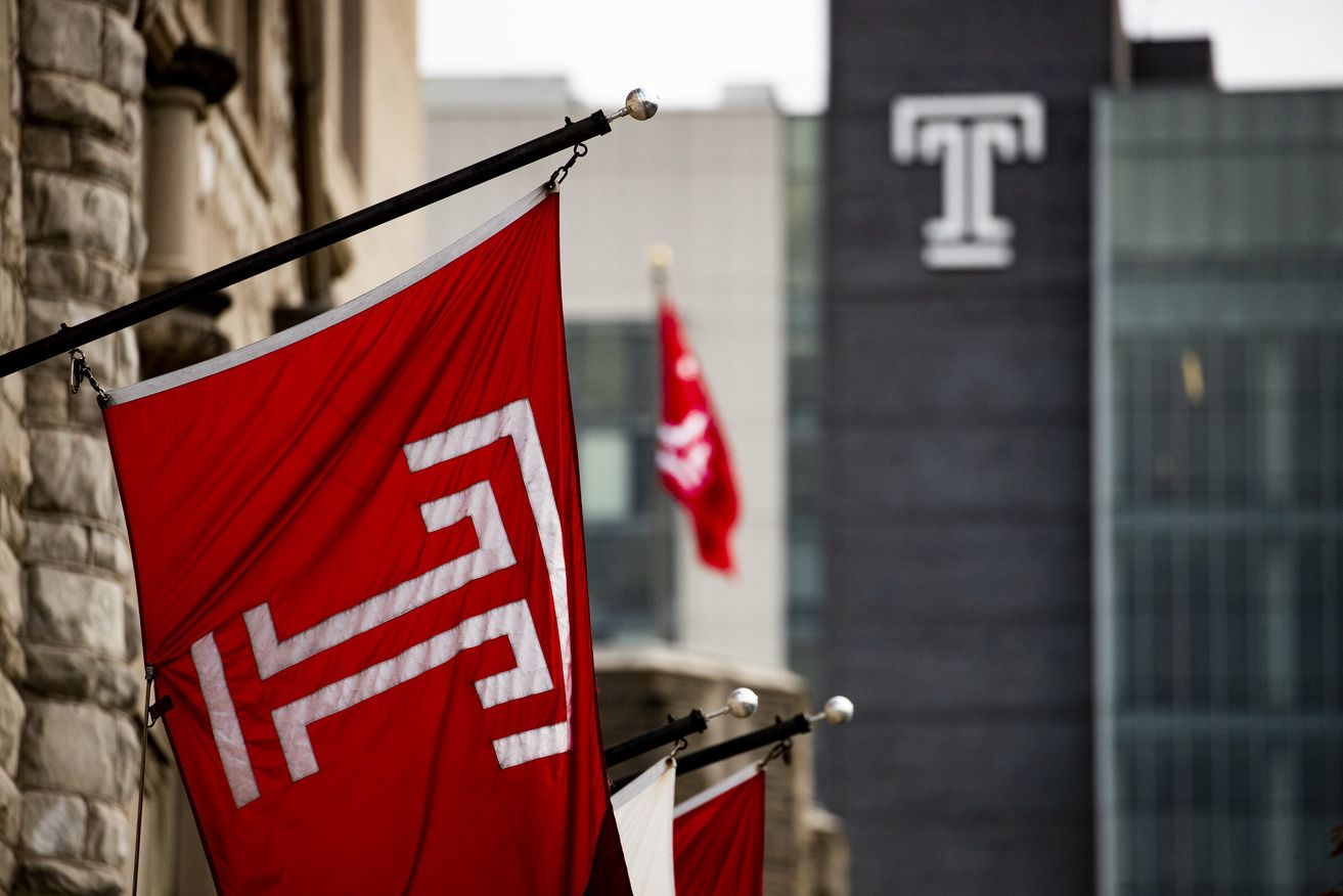 Temple flags flying on campus