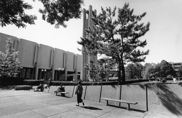 Black and white photo of the Bell Tower and Paley Library.
